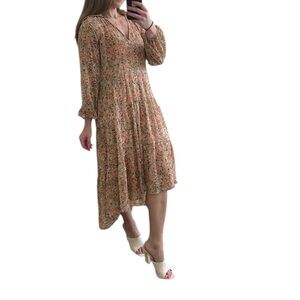 STRADIVARIUS High/Low Flowy Boho Floral Long Sleeve Midi Dress Size Small